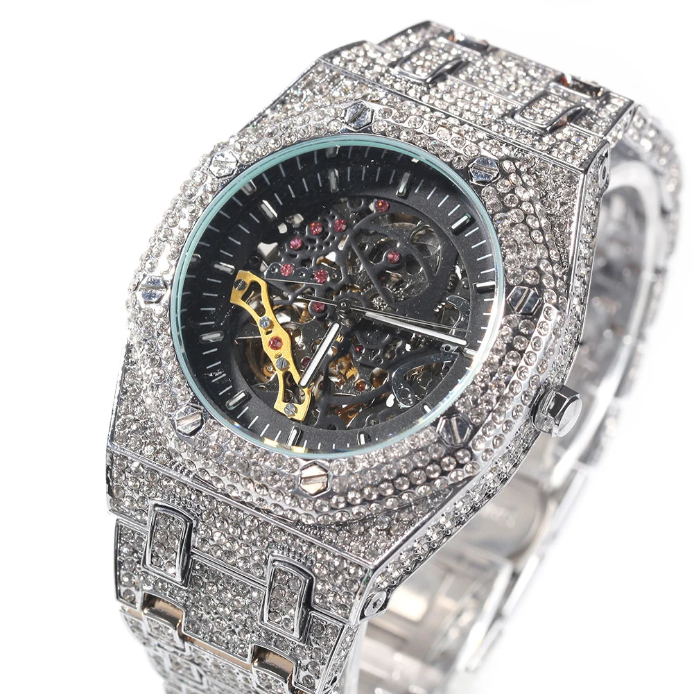 Uwin Stainless Steel Mechanical Watch Waterproof Full Iced Out Minimalist Diamond