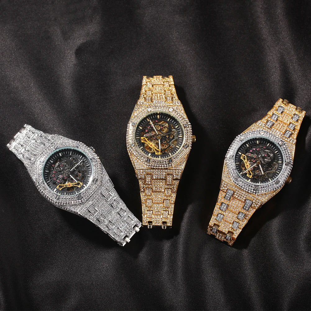 Uwin Stainless Steel Mechanical Watch Waterproof Full Iced Out Minimalist Diamond