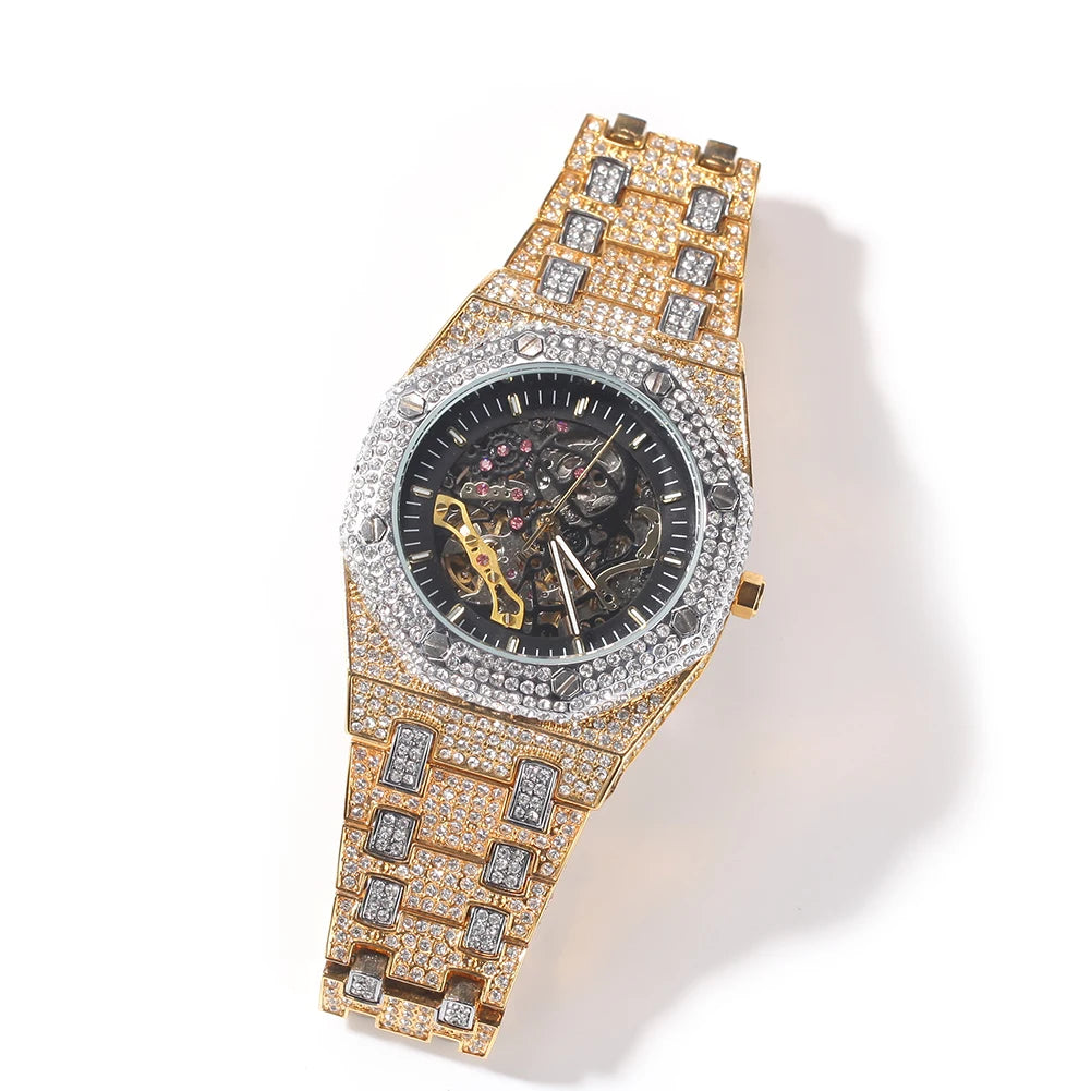 Uwin Stainless Steel Mechanical Watch Waterproof Full Iced Out Minimalist Diamond