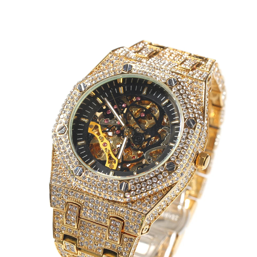 Uwin Stainless Steel Mechanical Watch Waterproof Full Iced Out Minimalist Diamond