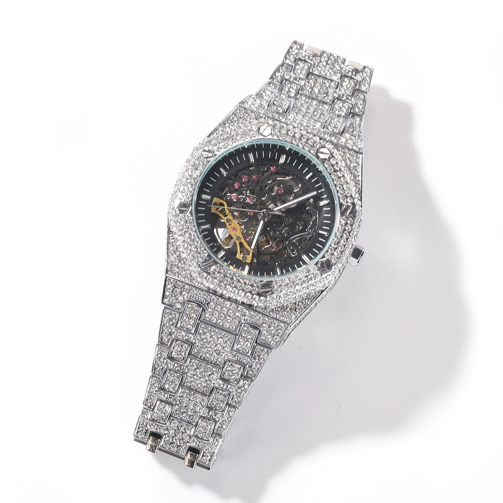 Uwin Stainless Steel Mechanical Watch Waterproof Full Iced Out Minimalist Diamond