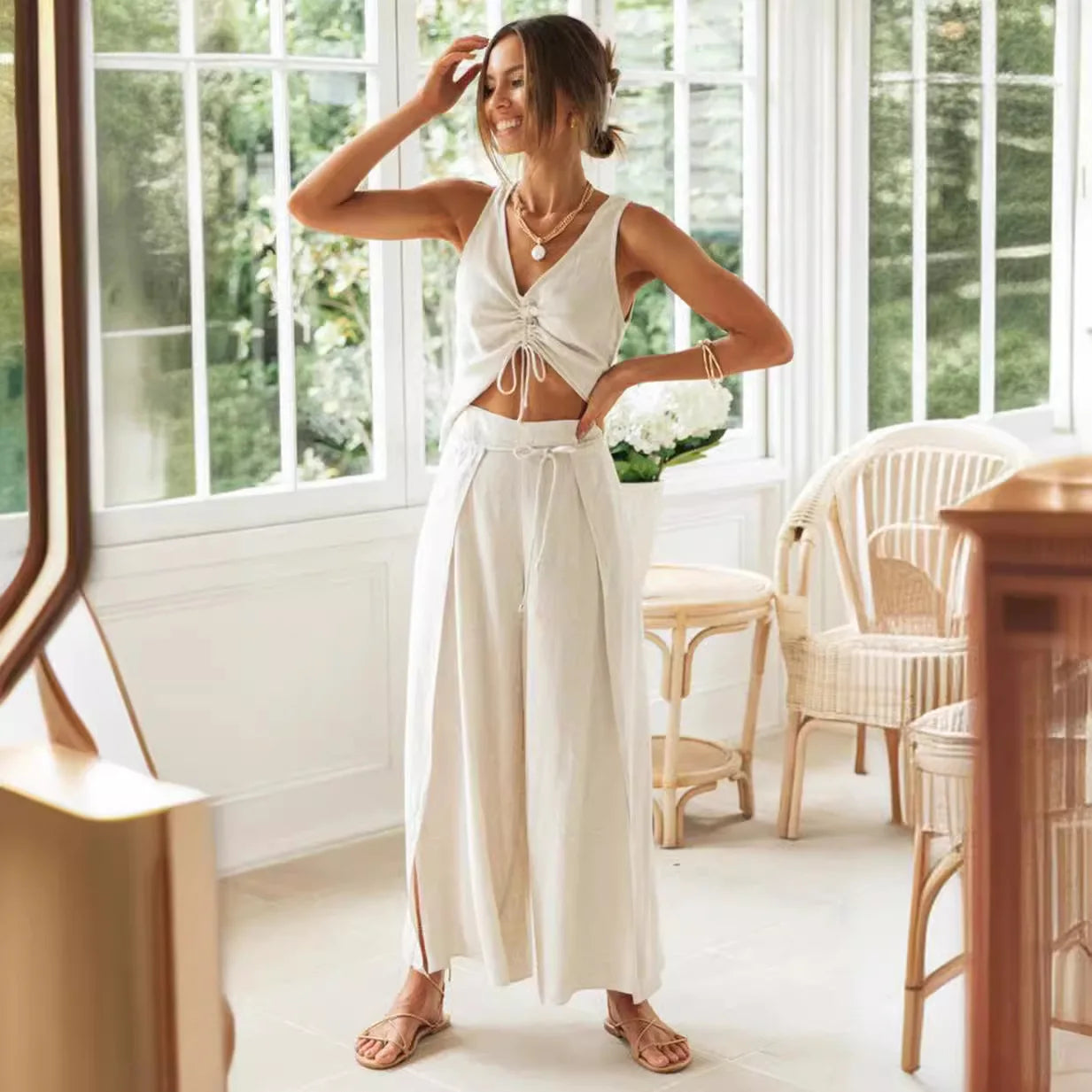 Casual 2 Piece Set For Women Top And Solid Pants Set Ropa