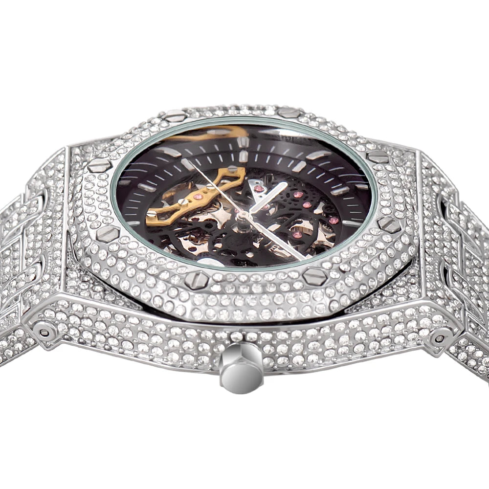 Uwin Stainless Steel Mechanical Watch Waterproof Full Iced Out Minimalist Diamond
