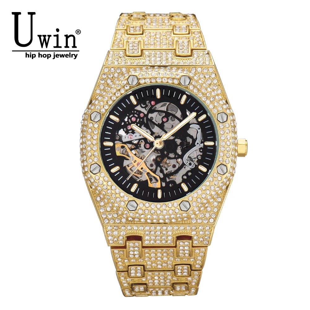 Uwin Stainless Steel Mechanical Watch Waterproof Full Iced Out Minimalist Diamond