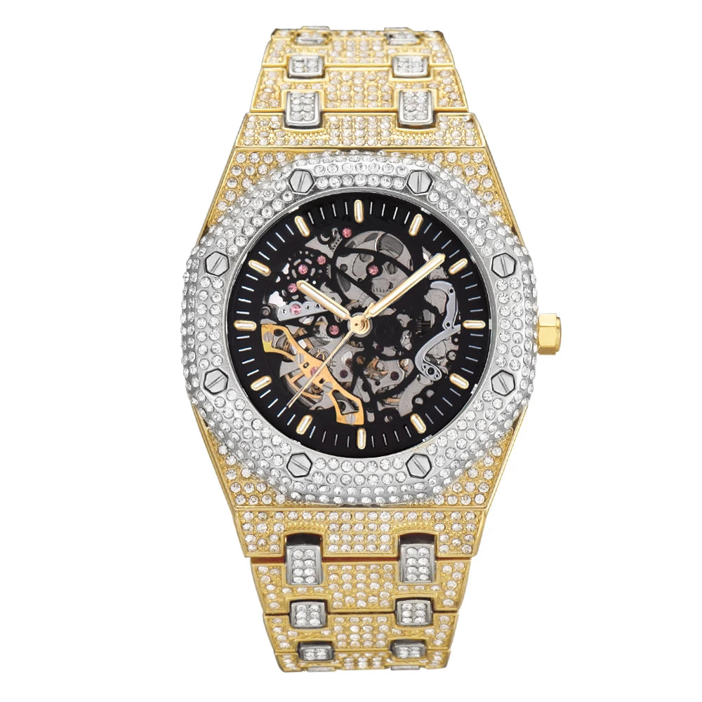 Uwin Stainless Steel Mechanical Watch Waterproof Full Iced Out Minimalist Diamond