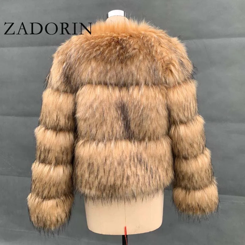 ZADORIN Woman Fashion Faux Raccoon Fur Coat Luxury Short Warm