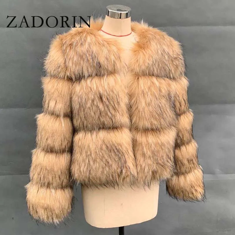 ZADORIN Woman Fashion Faux Raccoon Fur Coat Luxury Short Warm