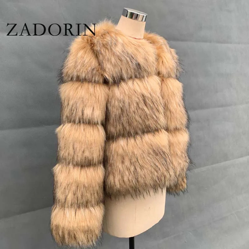 ZADORIN Woman Fashion Faux Raccoon Fur Coat Luxury Short Warm