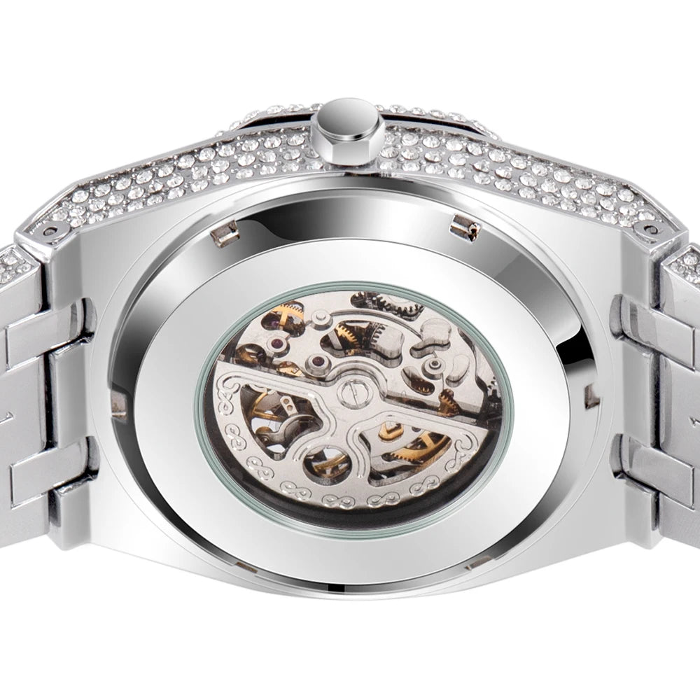 Uwin Stainless Steel Mechanical Watch Waterproof Full Iced Out Minimalist Diamond