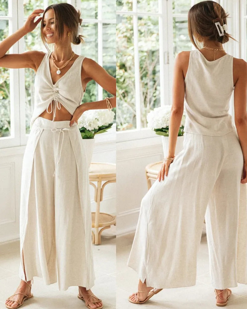 Casual 2 Piece Set For Women Top And Solid Pants Set Ropa