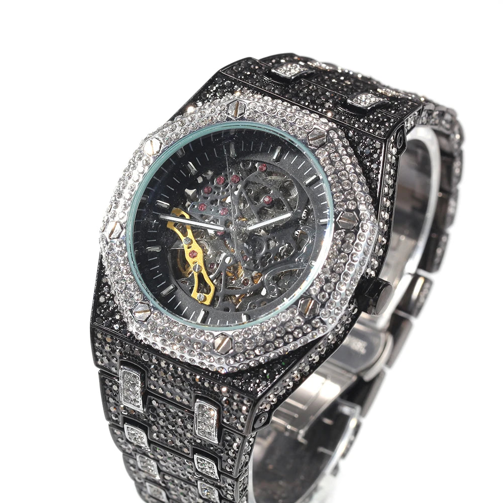 Uwin Stainless Steel Mechanical Watch Waterproof Full Iced Out Minimalist Diamond