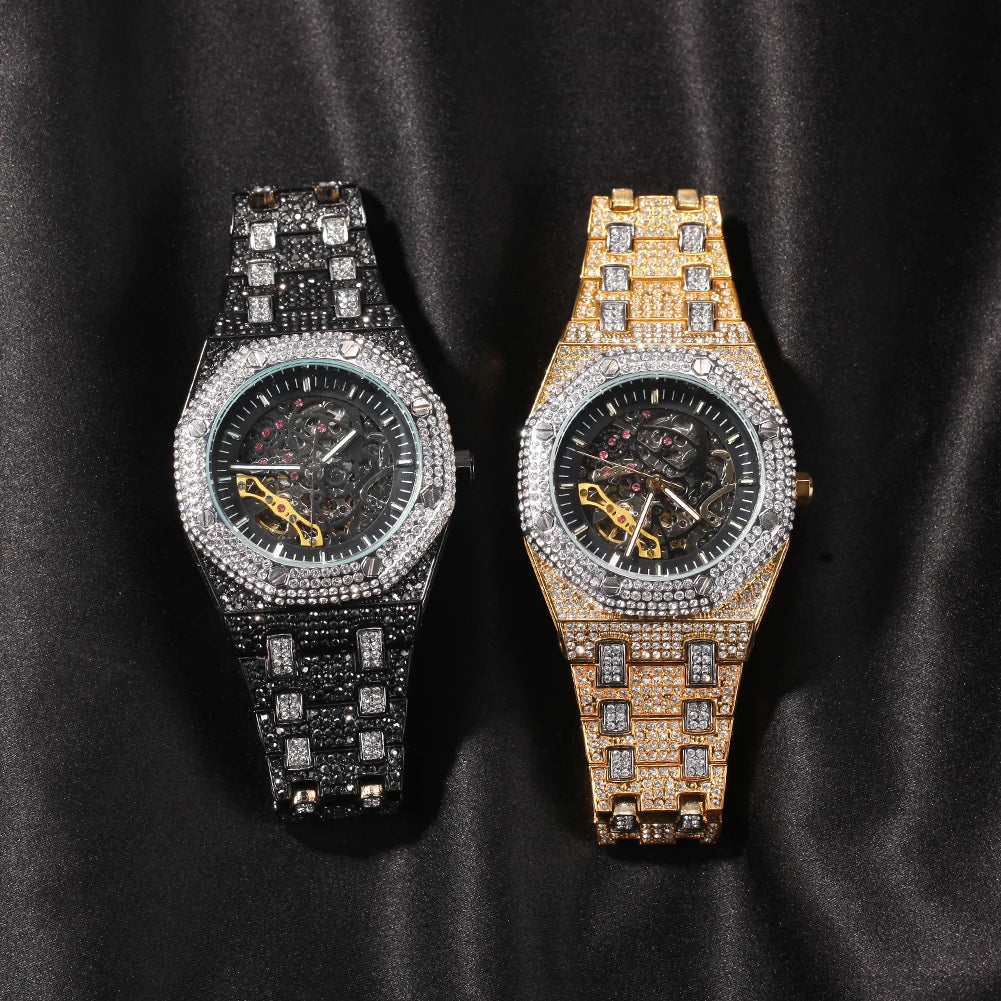 Uwin Stainless Steel Mechanical Watch Waterproof Full Iced Out Minimalist Diamond