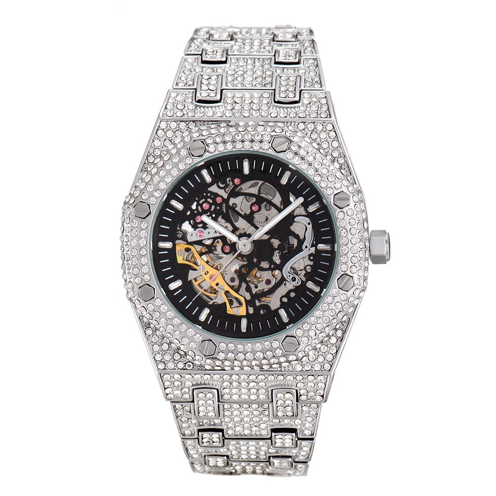 Uwin Stainless Steel Mechanical Watch Waterproof Full Iced Out Minimalist Diamond
