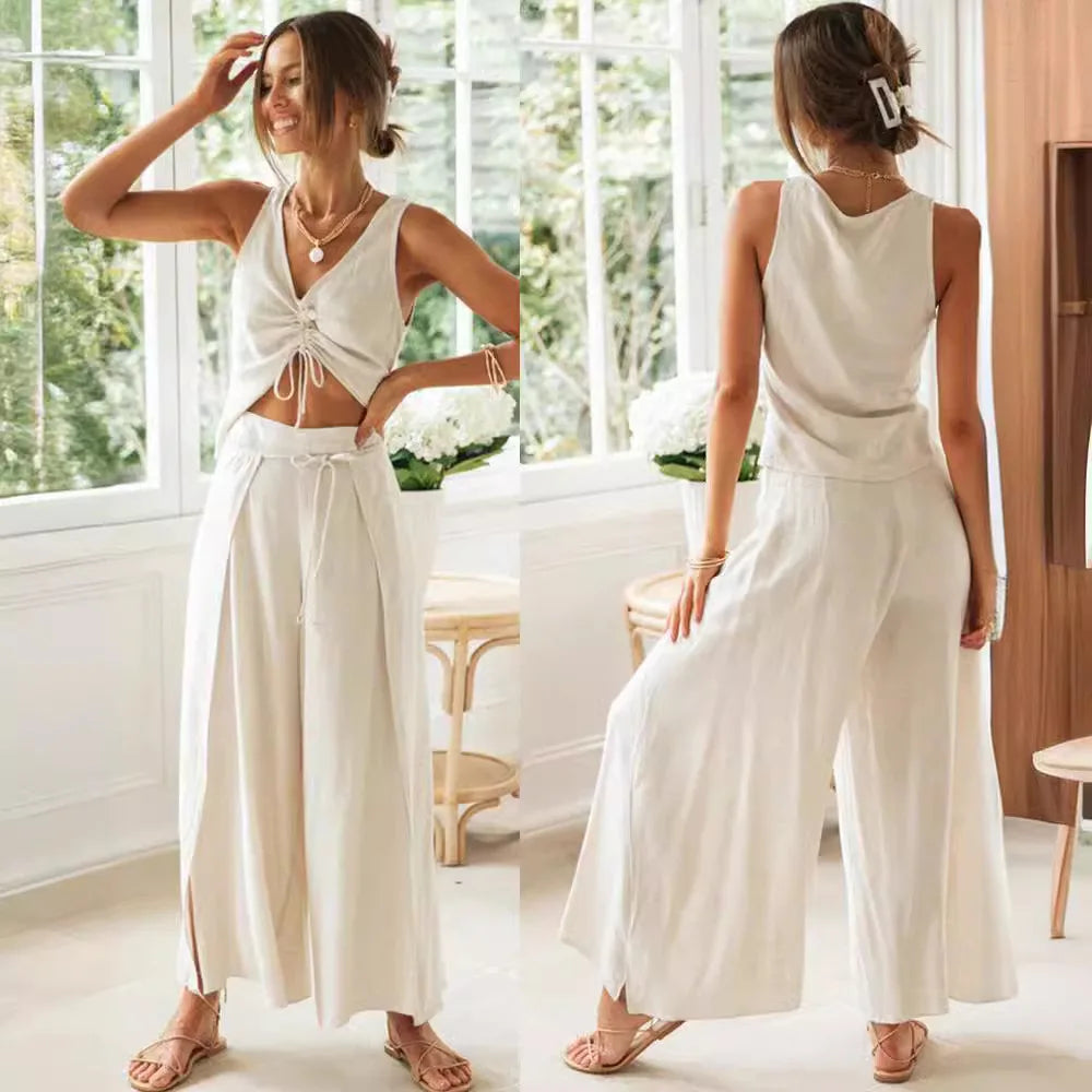 Casual 2 Piece Set For Women Top And Solid Pants Set Ropa