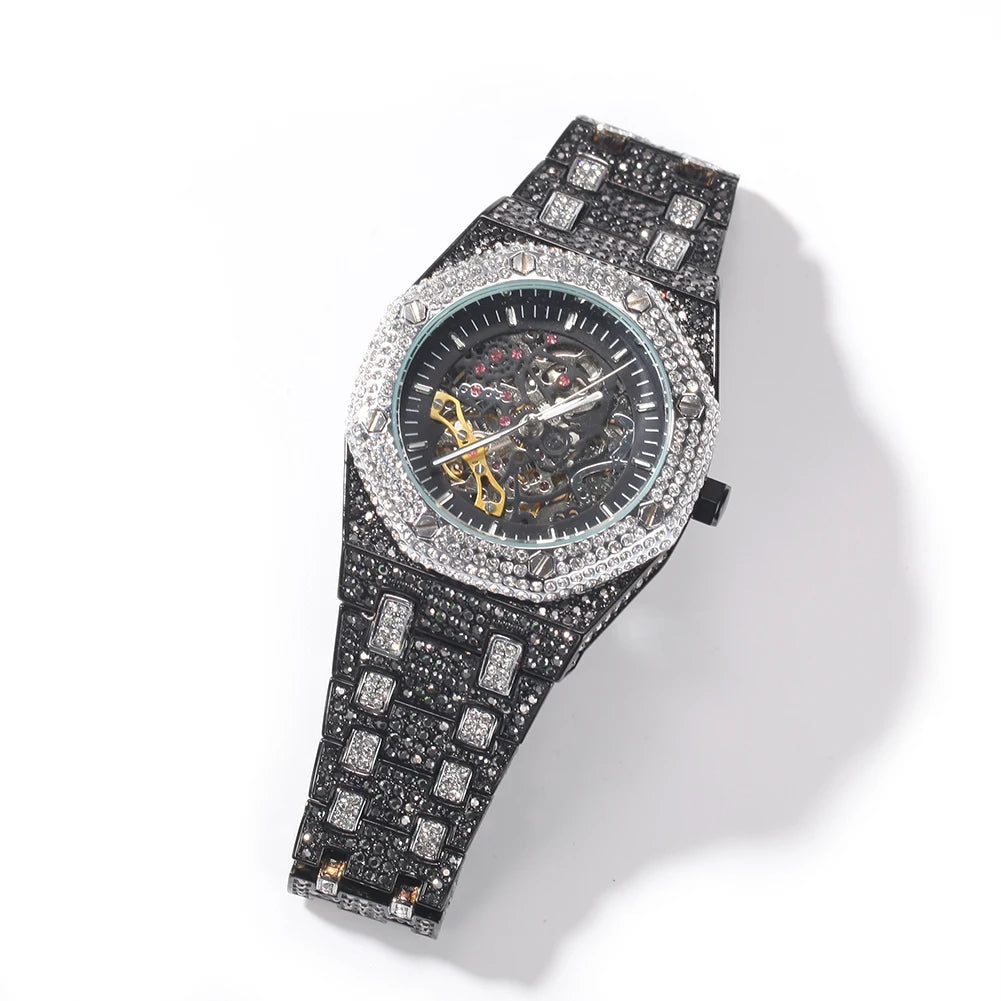 Uwin Stainless Steel Mechanical Watch Waterproof Full Iced Out Minimalist Diamond