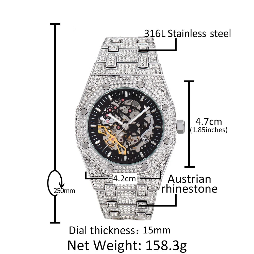 Uwin Stainless Steel Mechanical Watch Waterproof Full Iced Out Minimalist Diamond