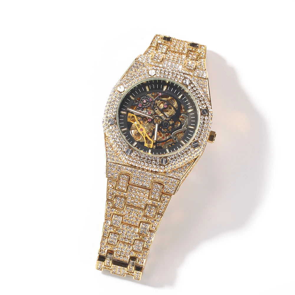 Uwin Stainless Steel Mechanical Watch Waterproof Full Iced Out Minimalist Diamond