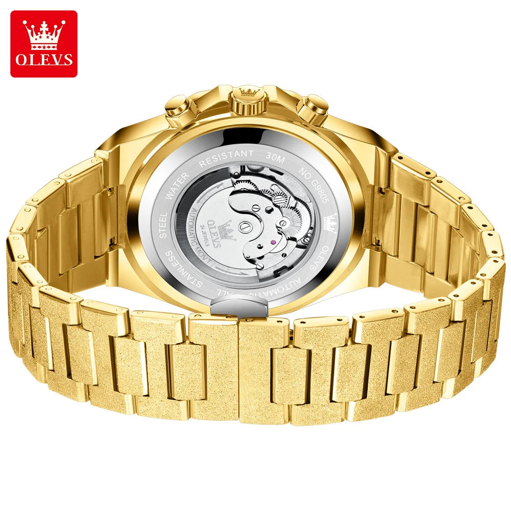OLEVS Gold Steel Mens Watches Top Brand Automatic Mechanical Luxury Watch