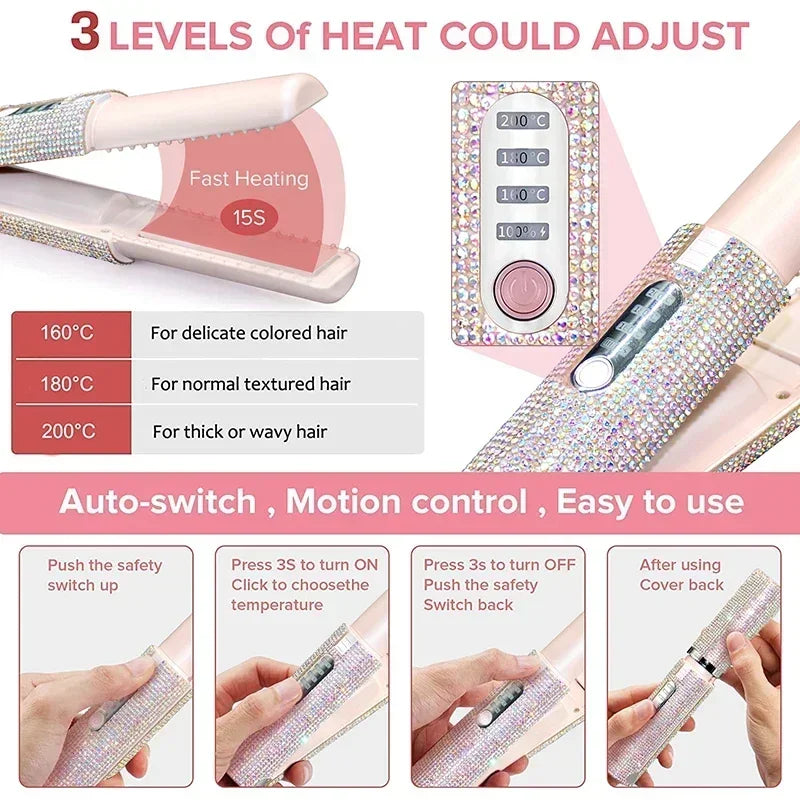 Electric USB Hair Straightener Curler Fashion Colored Diamond Design Wireless