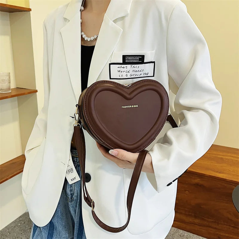 Solid Color Pu Leather Shoulder Bags Heart Shape Crossbody