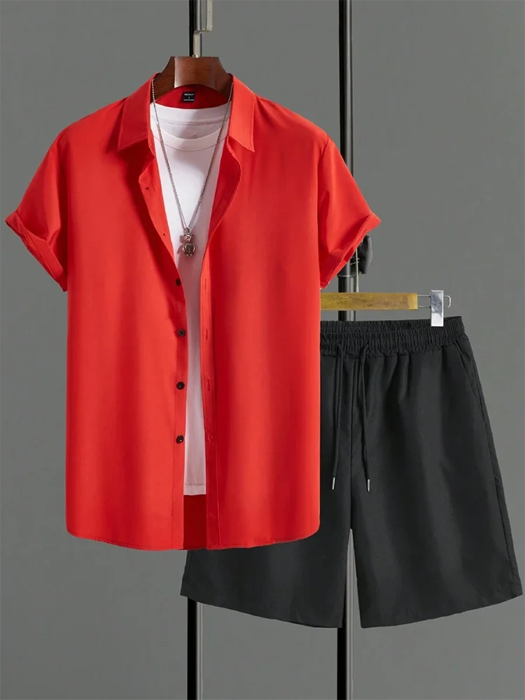 Simple Solid Color Men's Shirt Summer Trend Short Sleeve Shorts