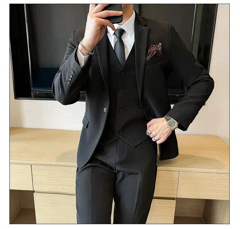 Black Mens Office Suit 3 Piece, Fashion Slim Fit Jackets and Vest with Trousers
