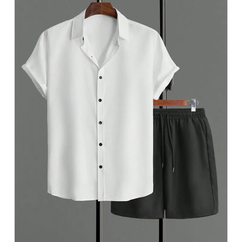Simple Solid Color Men's Shirt Summer Trend Short Sleeve Shorts