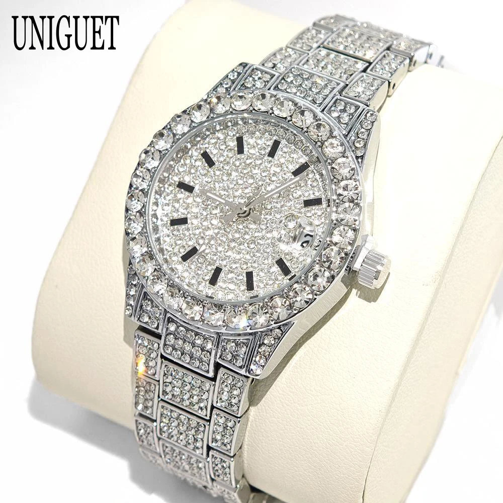 Fashion Gold Watches Women Luxury Stainless Steel Elegant Iced Diamond Jewelry