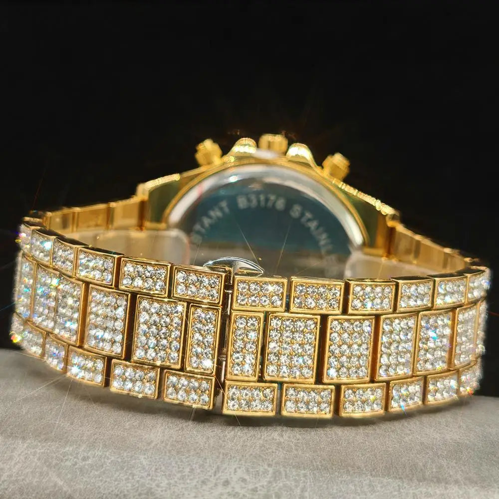 Gold Watch For Men Brand UNIGUET Hip Hop Rainbow Diamond shiny Jewelry