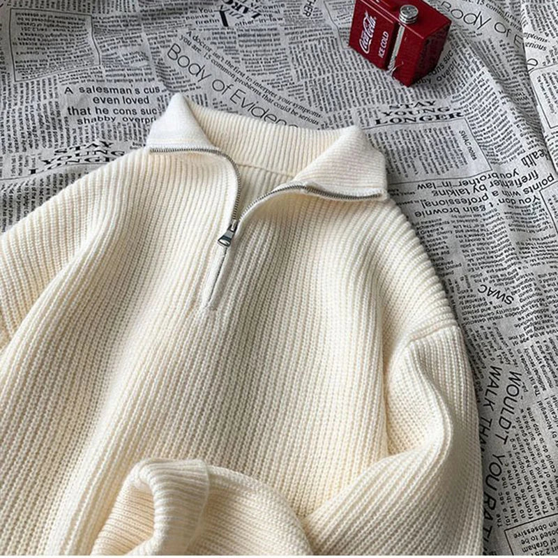 Zipper Turtleneck MEN Knitted Sweatshirt Korean Loose Lazy Style Solid Sweater