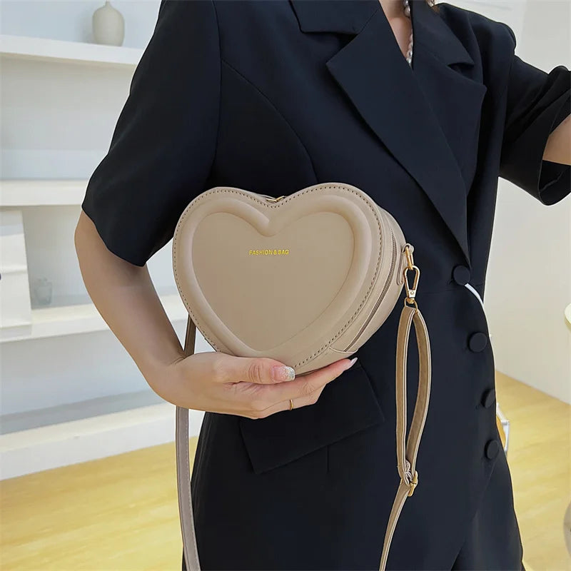 Solid Color Pu Leather Shoulder Bags Heart Shape Crossbody