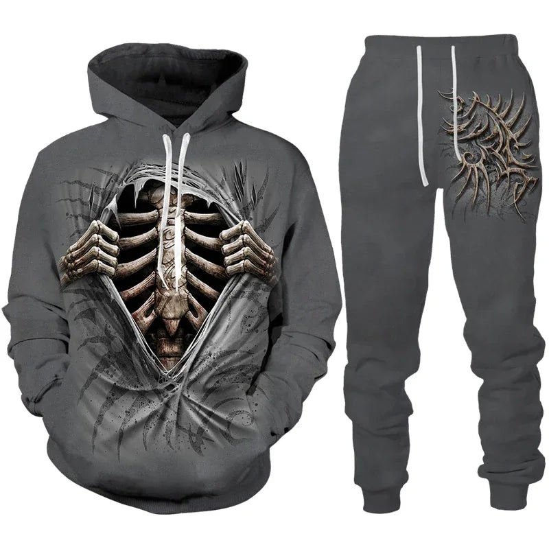 Men Punk Hoodie Suit Skull 3D Print Tracksuit/Pants Goth Skeletons Pullover