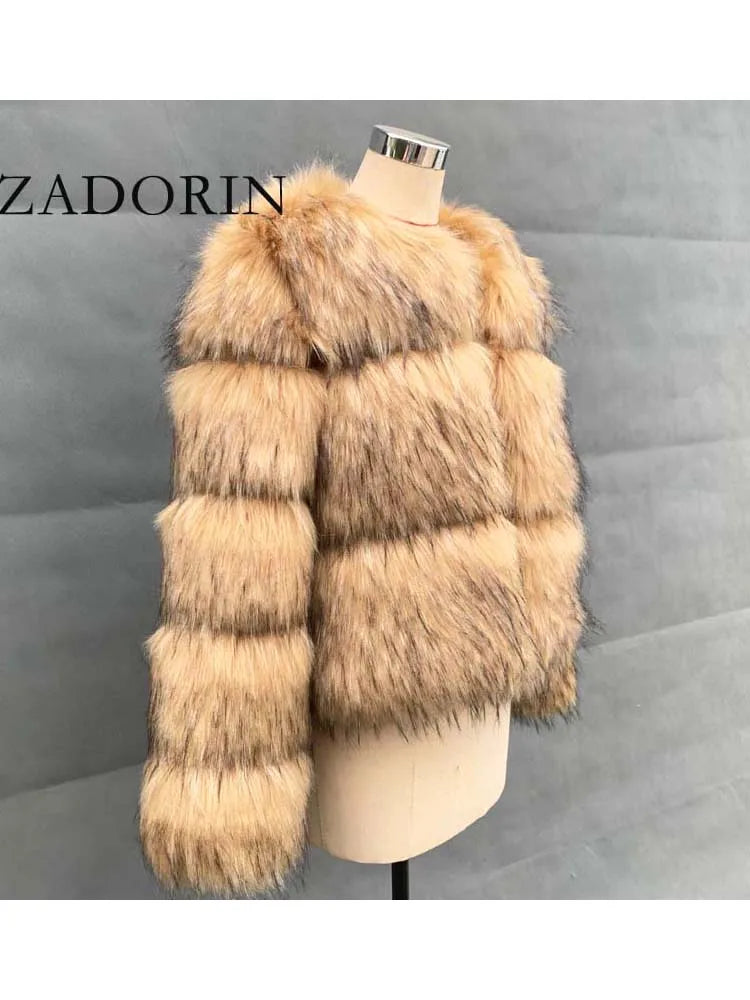 ZADORIN Woman Fashion Faux Raccoon Fur Coat Luxury Short Warm