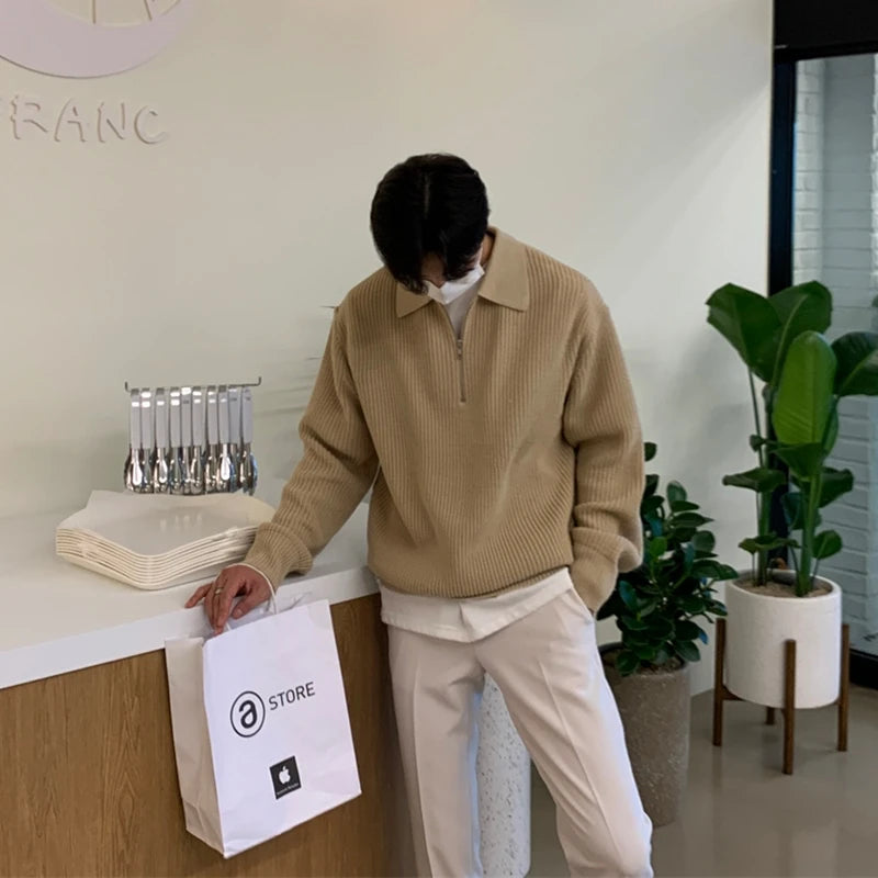 Men Warm Fashion Casual Knit Pullover Men Korean Loose Zipper Long Sleeve