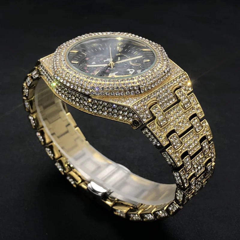 Luxury Full Ice Out  Hip Hop Tourbillon Watches Bling Diamond Gold Male