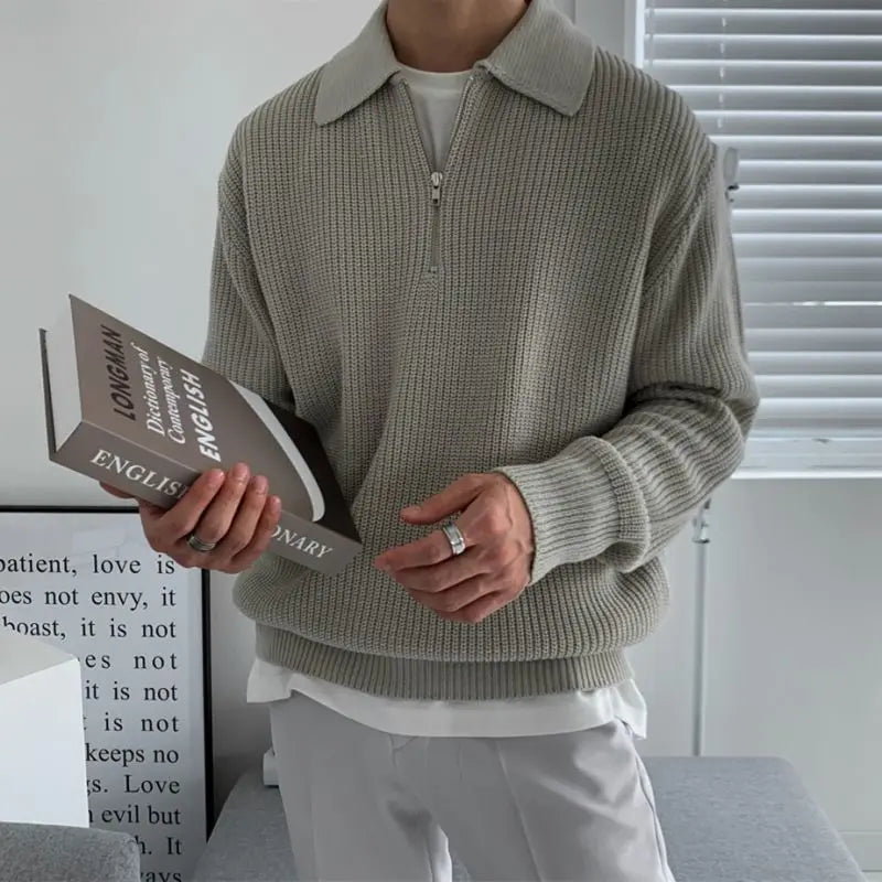 Men Warm Fashion Casual Knit Pullover Men Korean Loose Zipper Long Sleeve