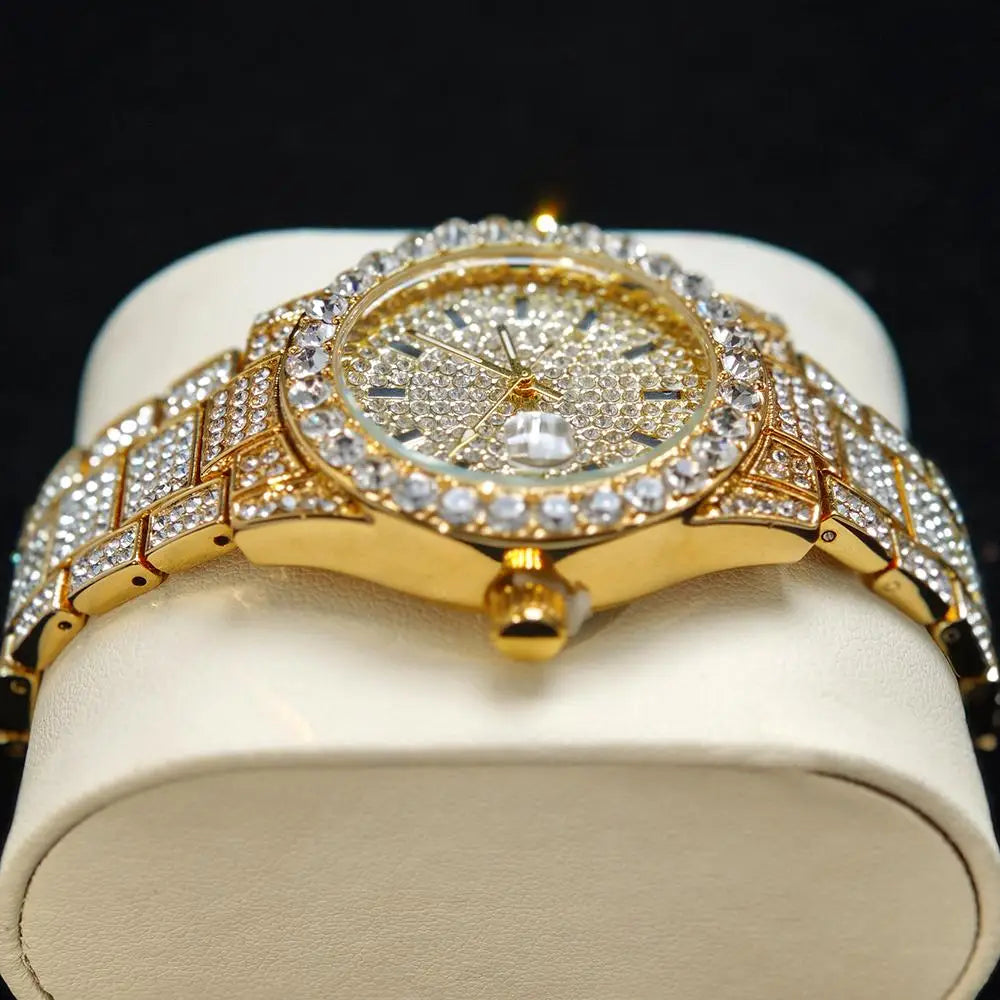 Fashion Gold Watches Women Luxury Stainless Steel Elegant Iced Diamond Jewelry