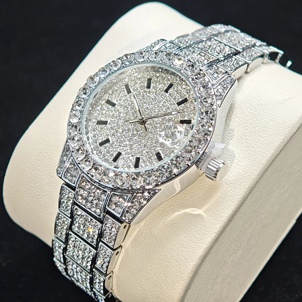 Fashion Gold Watches Women Luxury Stainless Steel Elegant Iced Diamond Jewelry