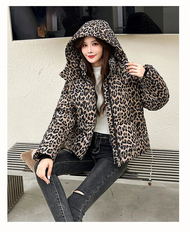 Jacket Women Parkas Hooded Leopard Warm Winter Casual Female Overcoat