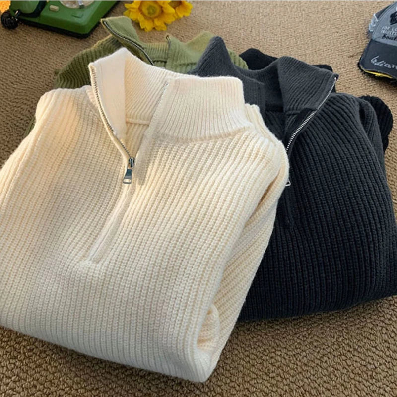 Zipper Turtleneck MEN Knitted Sweatshirt Korean Loose Lazy Style Solid Sweater