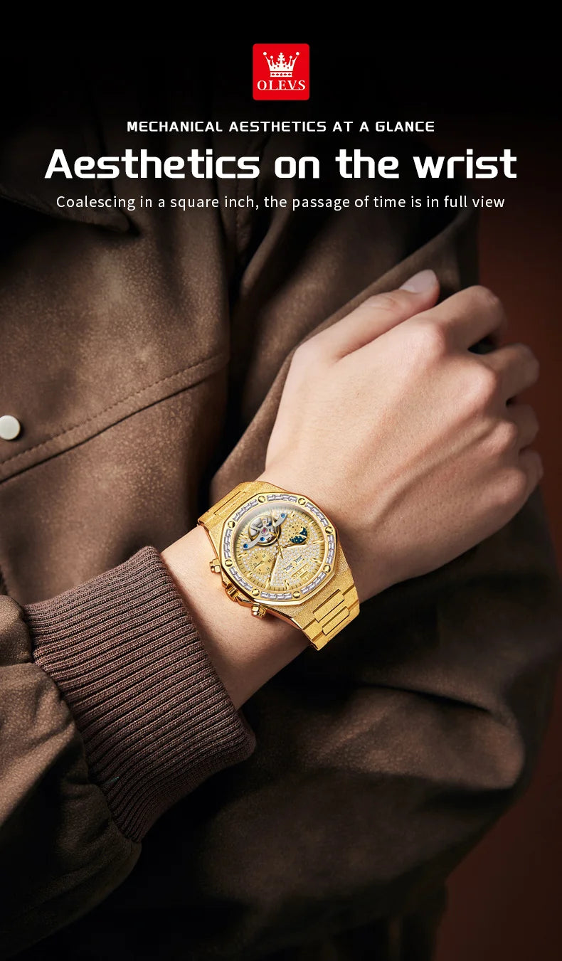 OLEVS Gold Steel Mens Watches Top Brand Automatic Mechanical Luxury Watch
