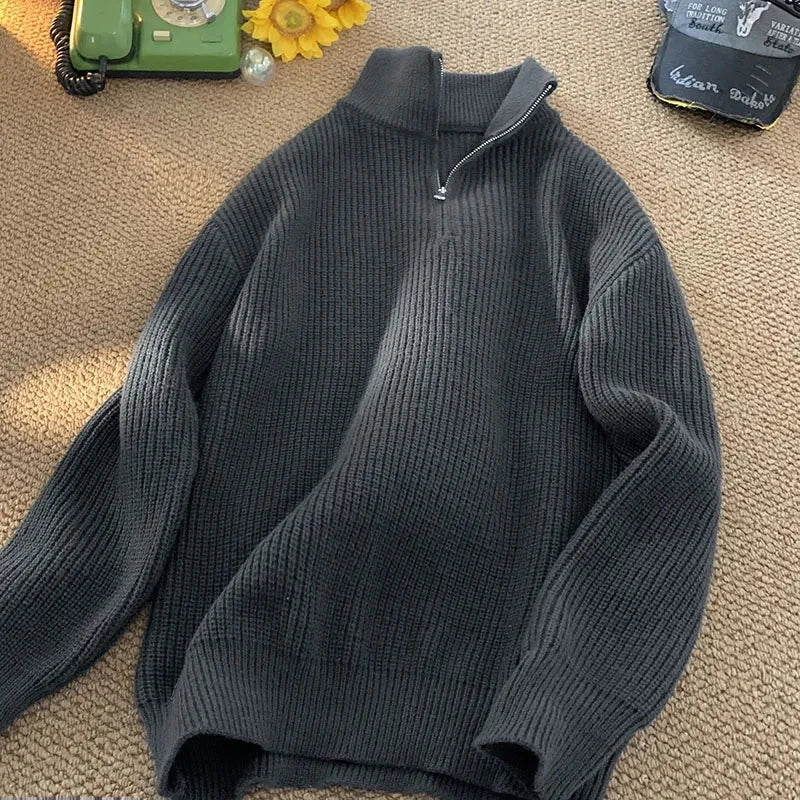 Zipper Turtleneck MEN Knitted Sweatshirt Korean Loose Lazy Style Solid Sweater