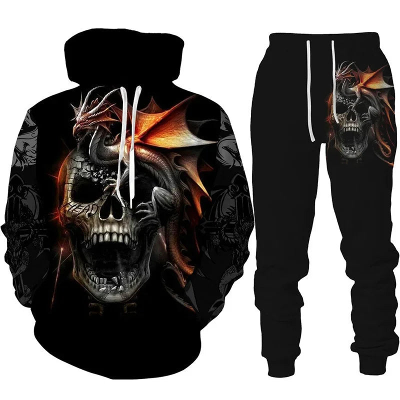 Men Punk Hoodie Suit Skull 3D Print Tracksuit/Pants Goth Skeletons Pullover