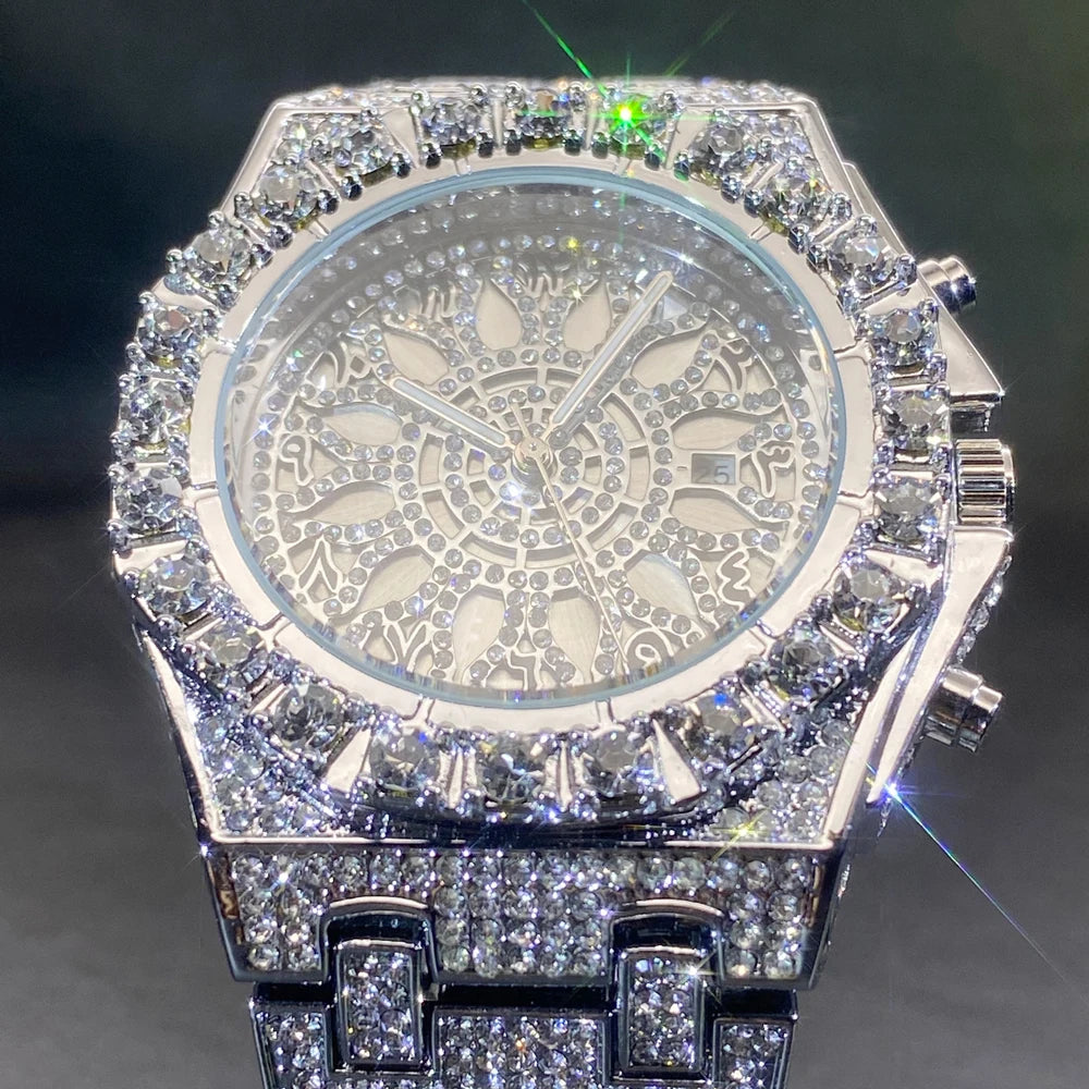 Luxury Gold Men Watch Waterproof Stainless Steel Iced Bracelet Full Diamond