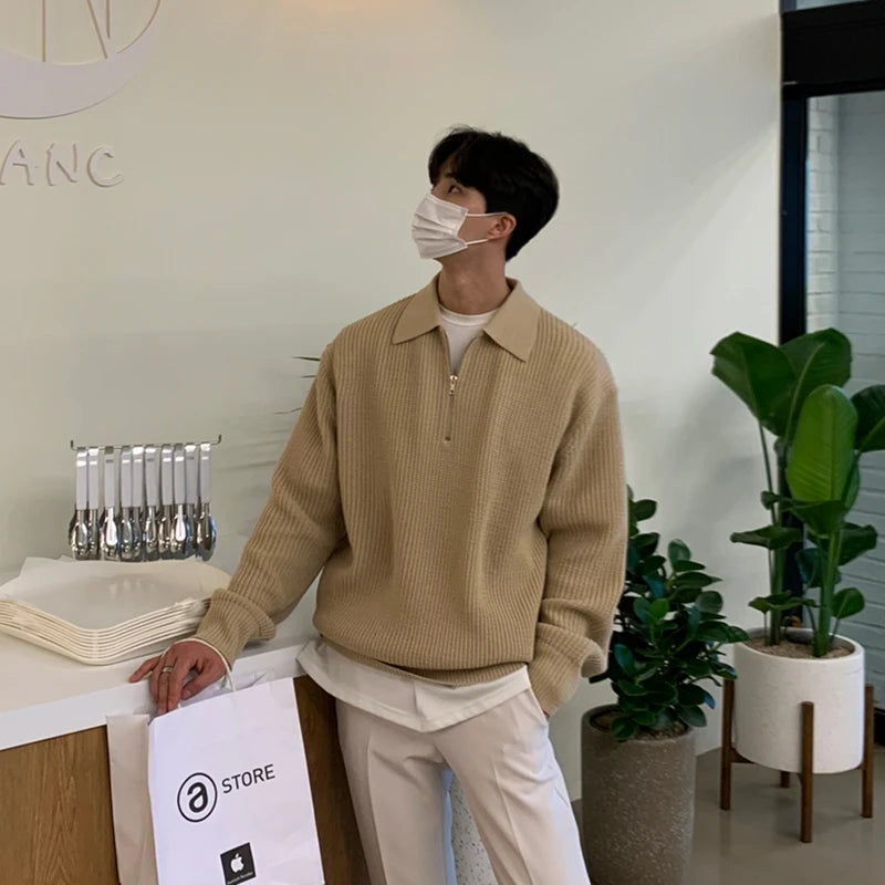 Men Warm Fashion Casual Knit Pullover Men Korean Loose Zipper Long Sleeve