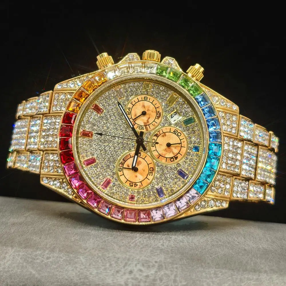 Gold Watch For Men Brand UNIGUET Hip Hop Rainbow Diamond shiny Jewelry