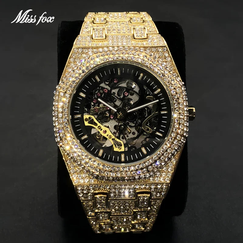 Luxury Full Ice Out  Hip Hop Tourbillon Watches Bling Diamond Gold Male
