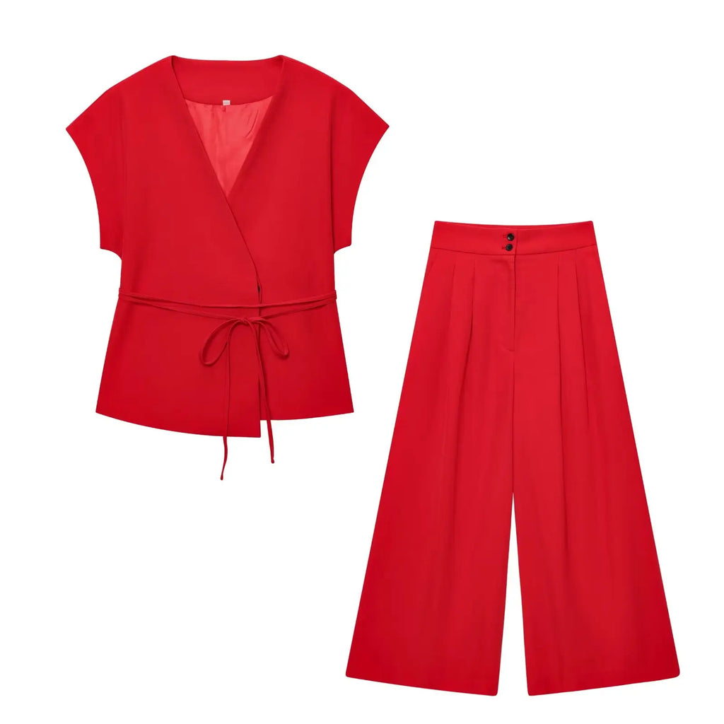 TFMLN Fashion Women's Trouser Suits V-Neck Top with Belt Straight Pants Sets