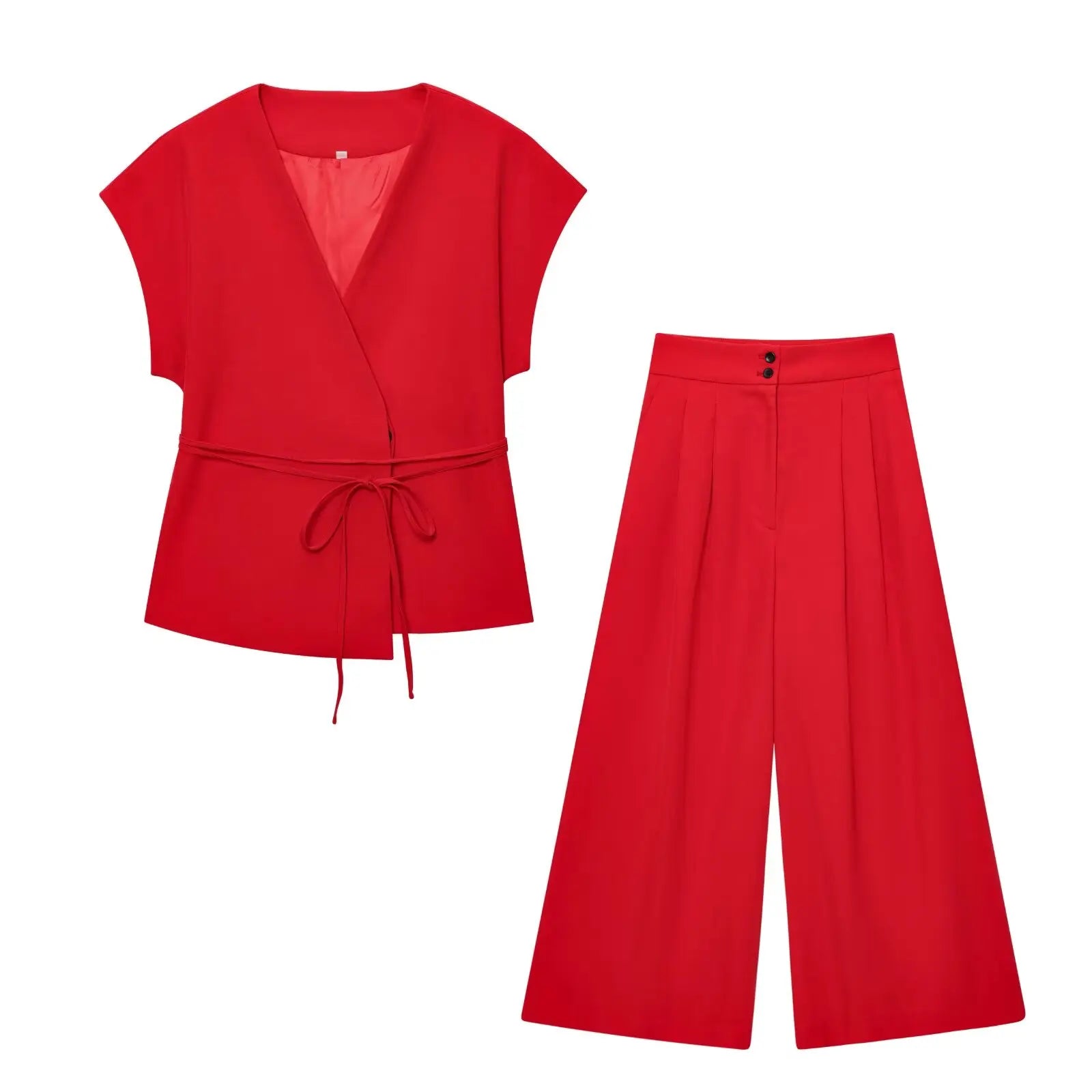 TFMLN Fashion Women's Trouser Suits V-Neck Top with Belt Straight Pants Sets
