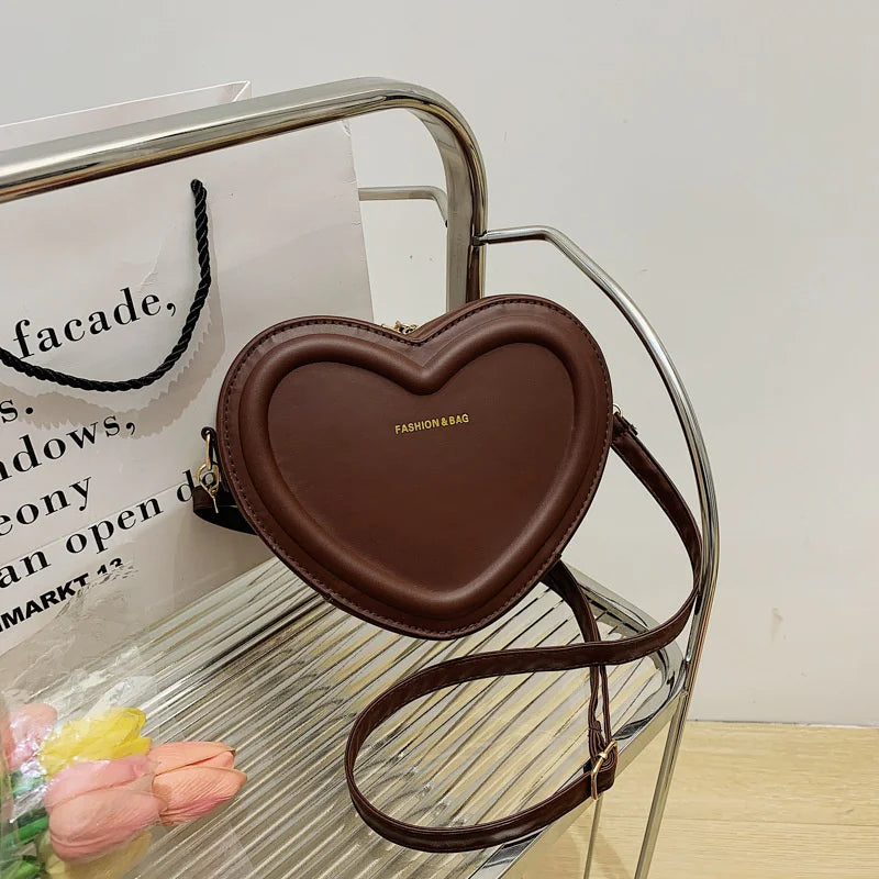 Solid Color Pu Leather Shoulder Bags Heart Shape Crossbody